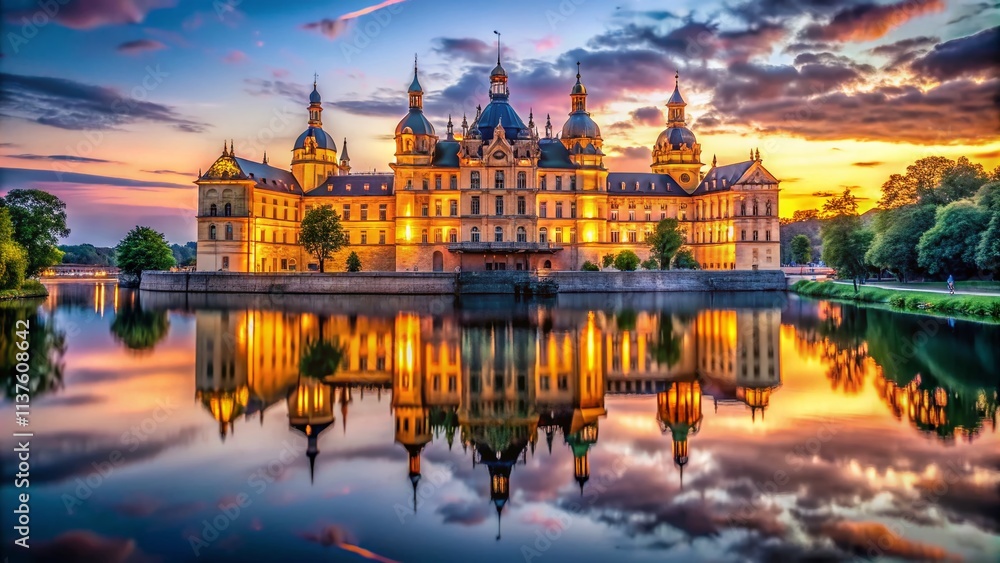 Obraz premium Palace River Evening Portrait Photography - Majestic Sunset, Regal Architecture, Water Reflection