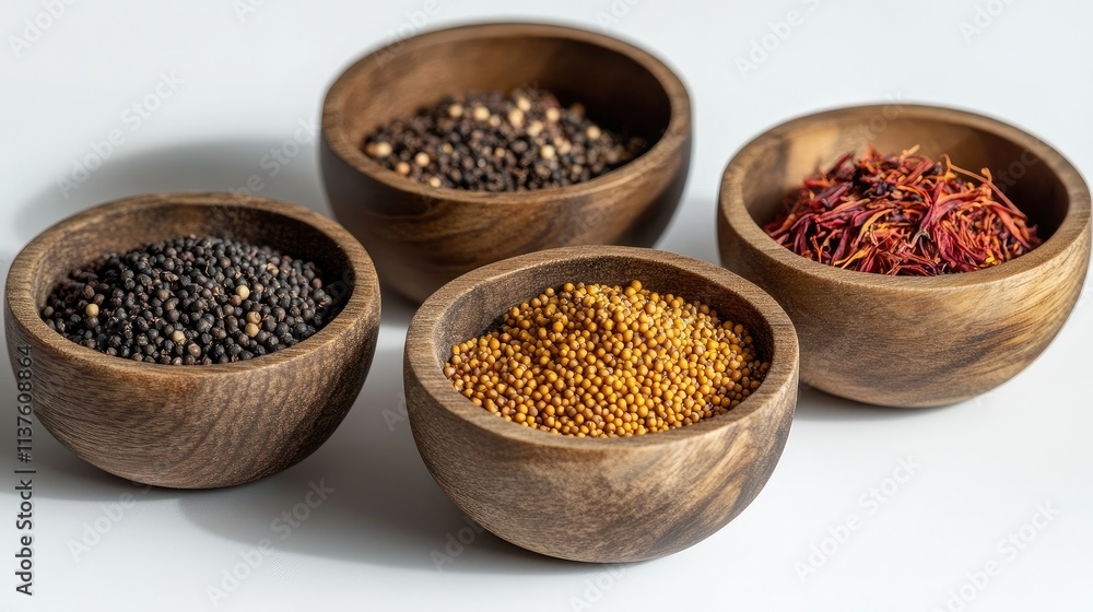 Close-up of mustard seeds, dried basil, and saffron in rustic wooden bowls, displayed on a simple white surface Close-up of mustard seeds, dried basil, and saffron in rustic wooden bowls, displayed on a simple white surface