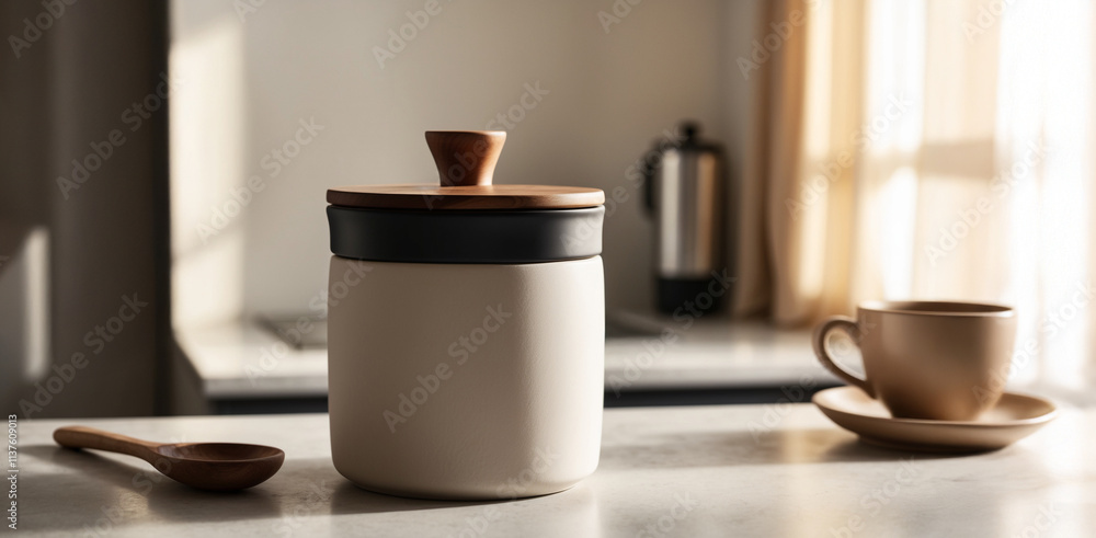 Fototapeta premium A ceramic coffee canister with a sleek matte finish and a wooden lid, placed on a countertop alongside a rustic wooden spoon and a cup of hot coffee. The background features a blurred kitchen scene 