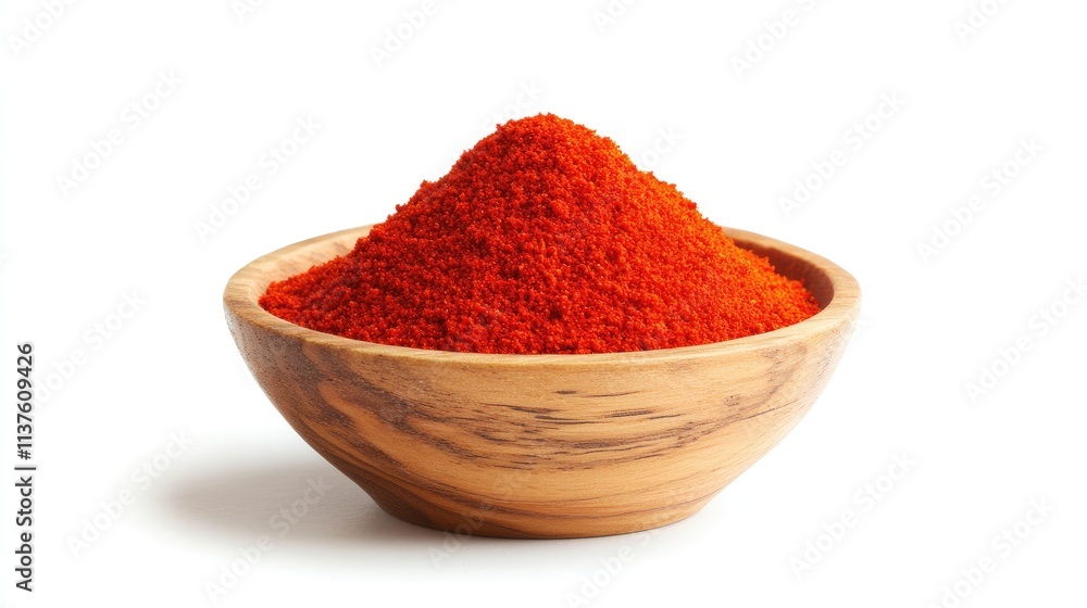 Close-up of vibrant red chili powder in a small wooden bowl, with a clean white background highlighting its bold color and texture Close-up of vibrant red chili powder in a small wooden bowl, with a clean white background highlighting its bold color and texture