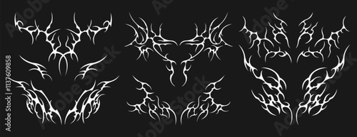 Neo tribal tattoo vector set. Neotribal gothic butterfly with wings, flame, heart, womb, symmetrical abstract dividers. Cyber sigilism y2k design elements. Celtic gothic body ornaments, emo stickers