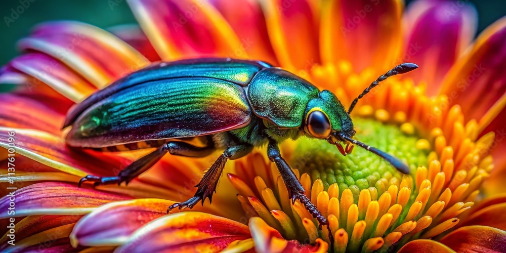 Panoramic Beetle on Flower Photography: Macro Insect Nature Image Panoramic Beetle on Flower Photography: Macro Insect Nature Image