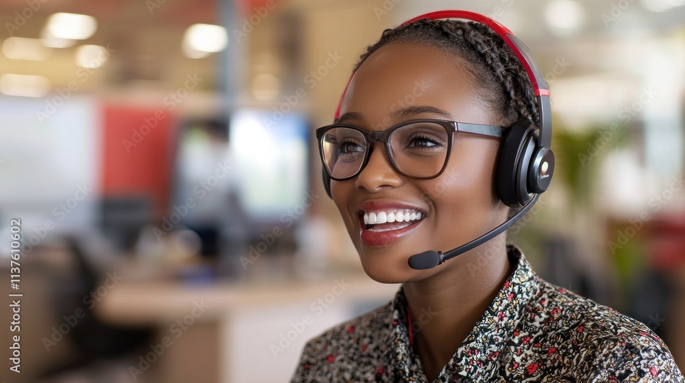 Smiling woman with headset in office. Smiling woman with headset in office.