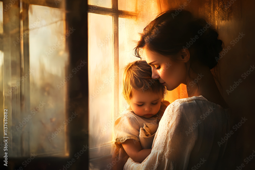 Mother lovingly holds her child beside a sunlit window