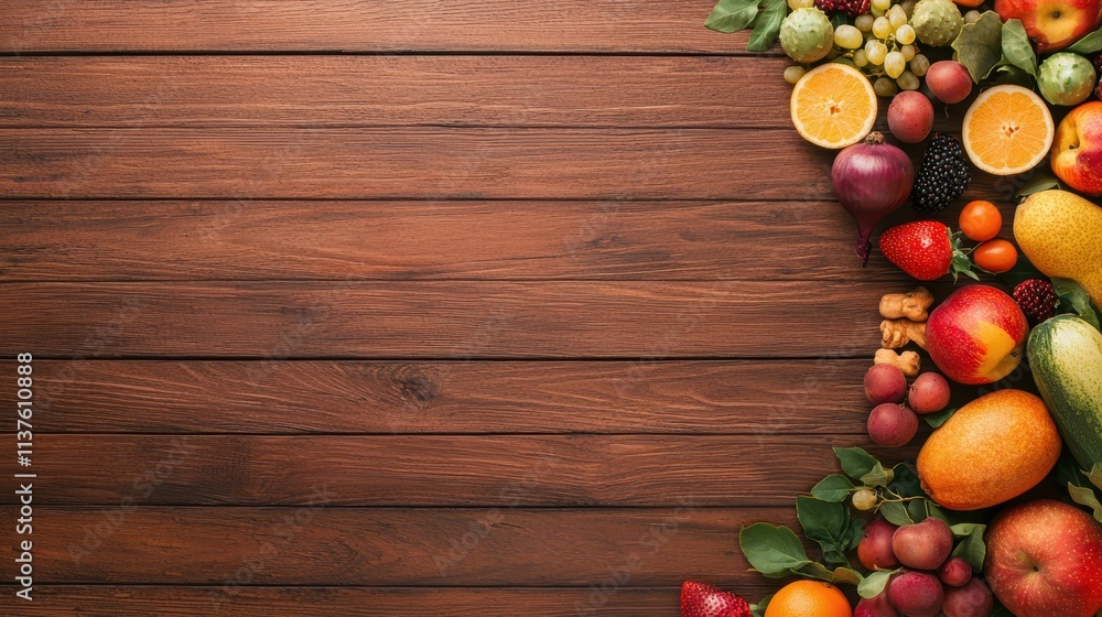A close up shot of colorful fruits and vegetables arranged artfully on a rustic wooden table, emphasizing the importance of a healthy diet. A close up shot of colorful fruits and vegetables arranged artfully on a rustic wooden table, emphasizing the importance of a healthy diet.