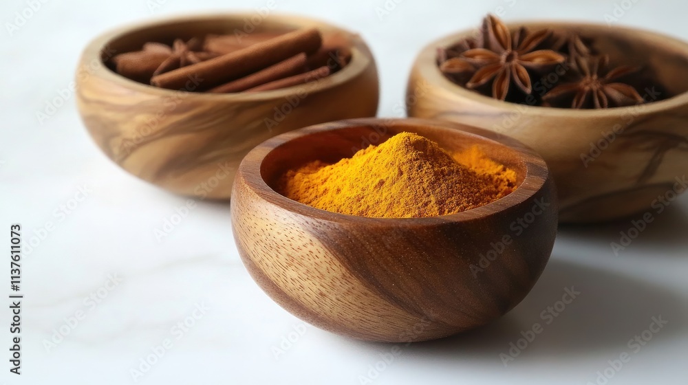 Small wooden bowls filled with cinnamon powder, saffron, and star anise, artistically displayed on a bright white surface Small wooden bowls filled with cinnamon powder, saffron, and star anise, artistically displayed on a bright white surface