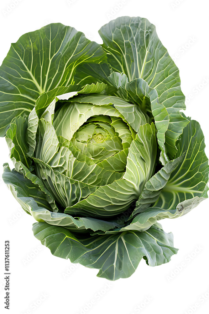 Obraz premium Fresh, vibrant green head of crisp cabbage vegetable presented clearly isolated against a clean transparent background for cooking.