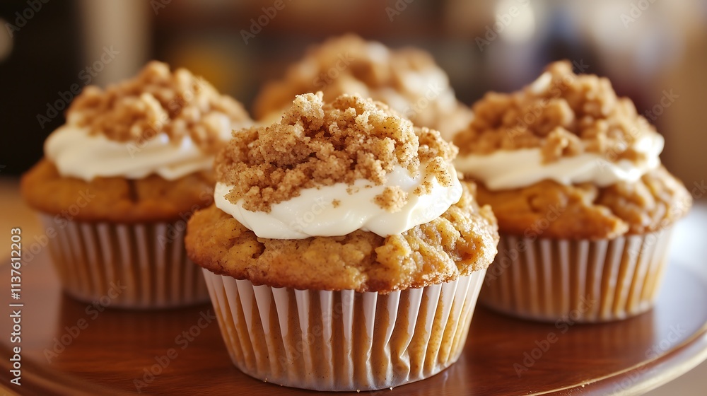 Muffins with apple crumbles sprinkle cream icing topping and cinnamon sticks, autumn winter dessert spiced
Muffins with apple crumbles sprinkle cream icing topping and cinnamon sticks, autumn winter dessert spiced
