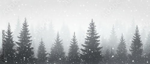 Snowy Winter Landscape with Evergreen Trees Under Soft Gray Sky and Falling Snowflakes in a Peaceful Forest Setting