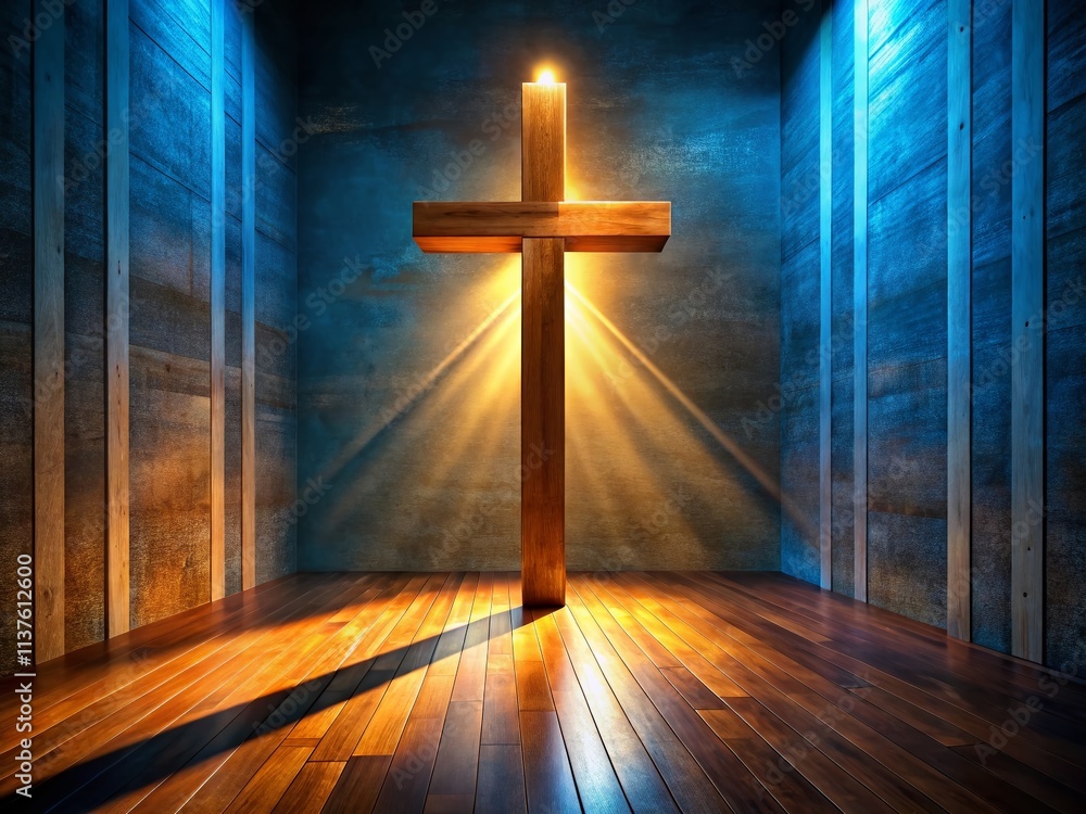 Naklejka premium Panoramic Dimly Lit Room Wooden Cross Shadow Light Beam Spiritual Photography