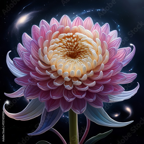 Cool cosmic chrysanthemum flower with a beautiful space ambiance. glow against the starry background, captivating magical  chrysanthemums flower. Created with generative AI photo