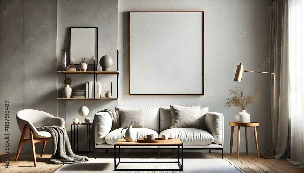 Minimalist Living Room Interior with Empty Frame and Bookshelf Minimalist Living Room Interior with Empty Frame and Bookshelf