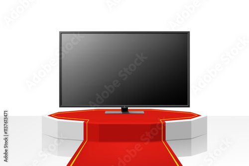 Illuminated podium or Pedestal with red path and plasma TV. TV flat screen lcd, plasma, tv mock up. black HD monitor. realistic 3d vector illustration of home appliances. Front view, close-up.