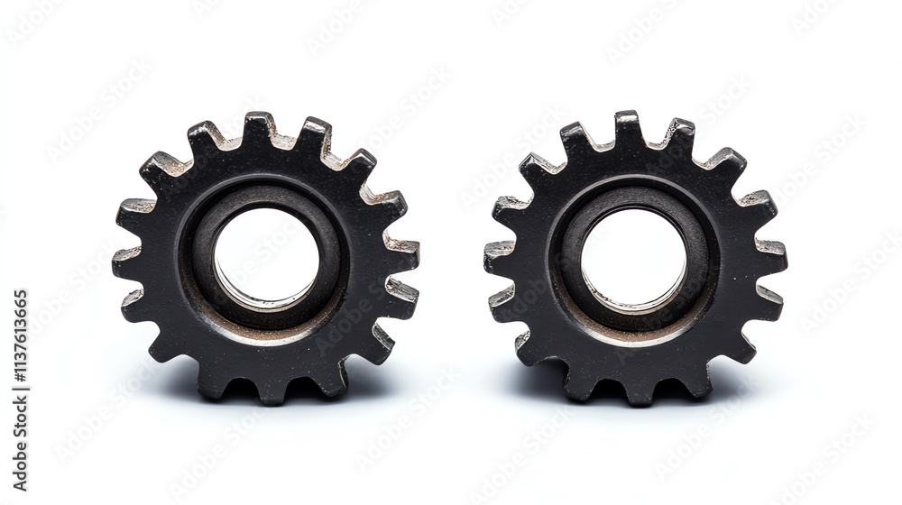 Two black metal gears isolated on white background Two black metal gears isolated on white background