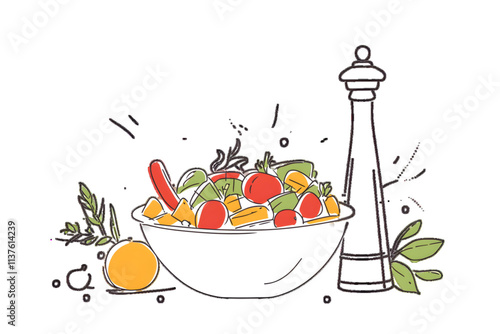 A continuous one-line drawing of a fresh vegetable greek salad bowl, a pepper mill banner. Modern poster with simole hand-drawn lines, white or transparent background