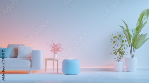 Wallpaper Mural A modern living room with interconnected smart devices, including voice controlled speakers, smart lighting, and a central hub controlling various aspects of the home. Torontodigital.ca