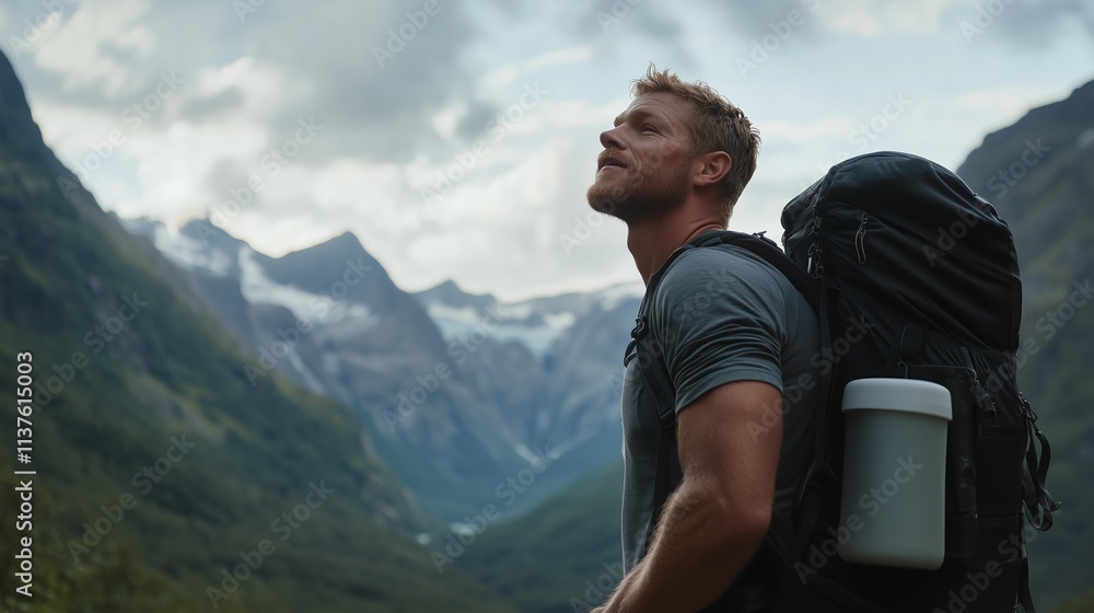 Man enjoys breathtaking mountain view while hiking in a remote valley during a cloudy day Man enjoys breathtaking mountain view while hiking in a remote valley during a cloudy day