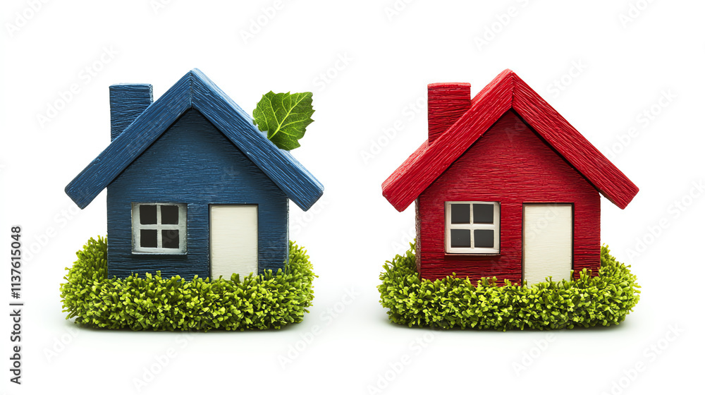 Two toy houses, blue and red, with green grass on white background Two toy houses, blue and red, with green grass on white background