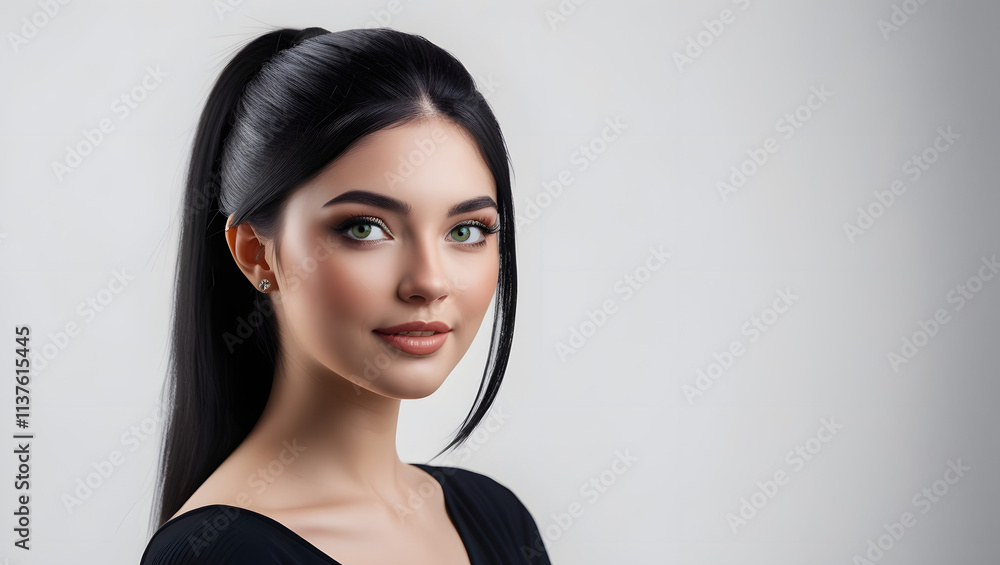 Captivating Gaze: A close-up portrait of a beautiful woman with striking green eyes and a warm smile, her long black hair pulled back in a sleek ponytail. Captivating Gaze: A close-up portrait of a beautiful woman with striking green eyes and a warm smile, her long black hair pulled back in a sleek ponytail.