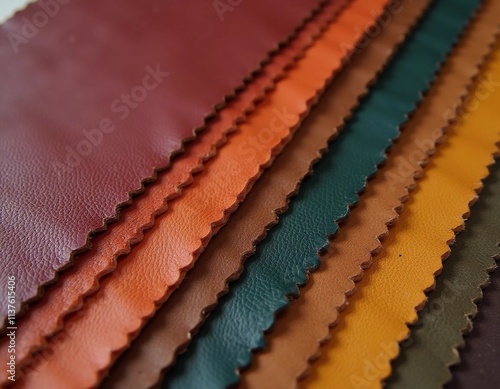 Samples of genuine cow leather in different colors are arranged neatly on a surface, showcasing the unique textures and qualities of each piece. This collection highlights craftsmanship. Generative AI