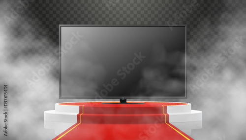 Illuminated podium or Pedestal with red path and plasma TV. TV flat screen lcd, plasma, tv mock up. black HD monitor. realistic 3d vector illustration of home appliances. Front view, close-up.