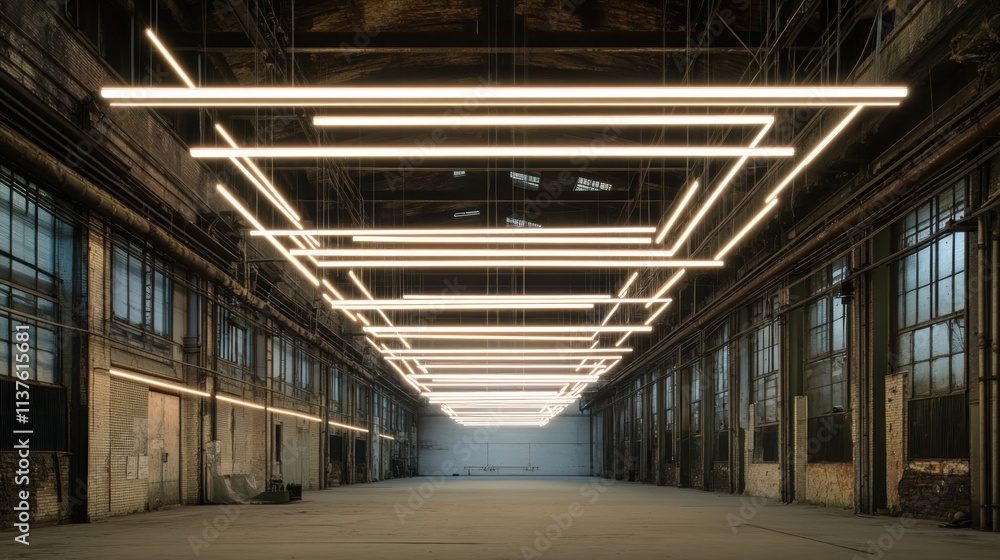 Modern LED lights illuminate a large, empty industrial space. Modern LED lights illuminate a large, empty industrial space.