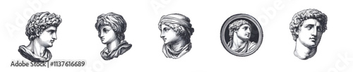Set of modern logos with antique sculptures. Illustration of classical sculpture for poster, T-shirt, and printing, white or transparent background