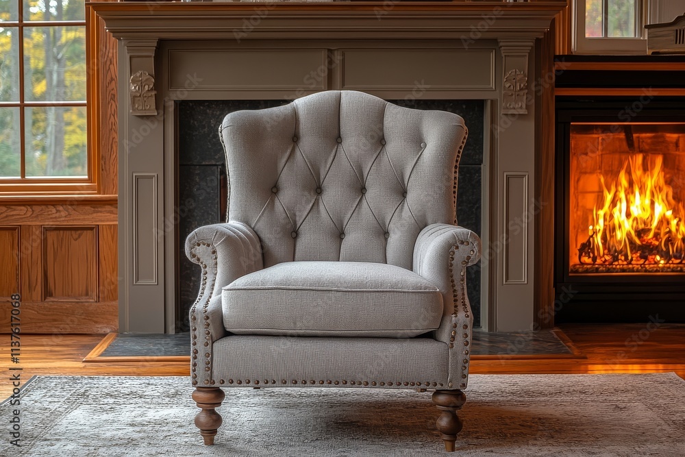 Fototapeta premium Gray armchair with nailhead trim, wooden legs, light gray fabric with buttons, placed in front of the fireplace, perfect for vintage style living room decor.