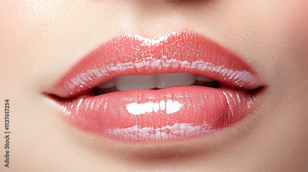 Fototapeta premium Close-up of glossy pink lips isolated on white background
