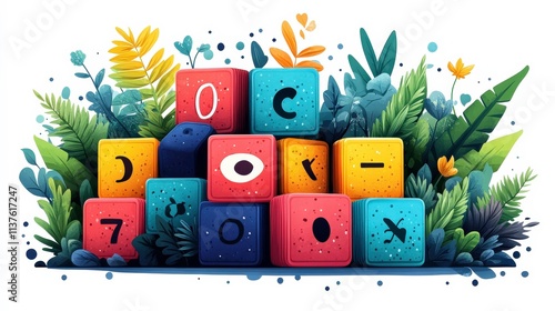 Colorful Building Blocks Surrounded by Lush Greenery and Vibrant Plants, Perfect for Educational and Creative Themes in Playful Environments photo