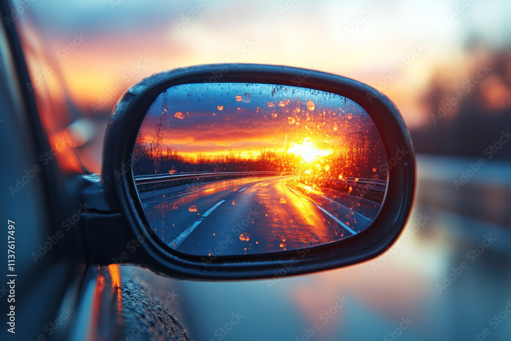 Sunset Reflects in Car Mirror on Wet Road During Golden Hour Drive Sunset Reflects in Car Mirror on Wet Road During Golden Hour Drive