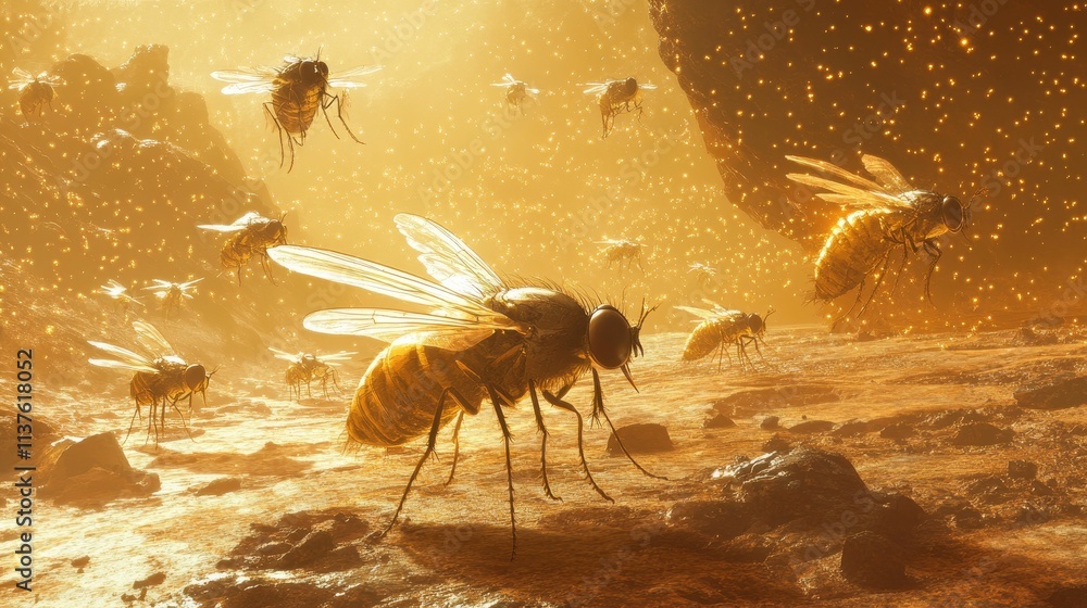 Golden insects fly over a rocky, amber landscape. Golden insects fly over a rocky, amber landscape.