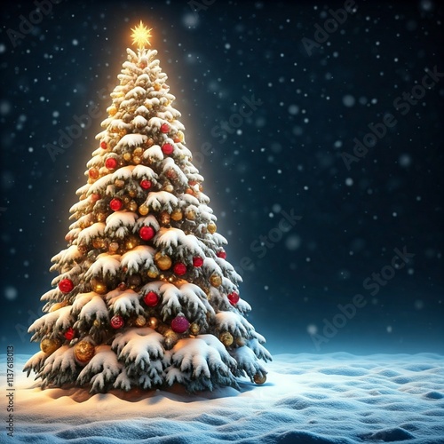 Snow-Capped Christmas Tree with Warm Holiday Lights in the Snow