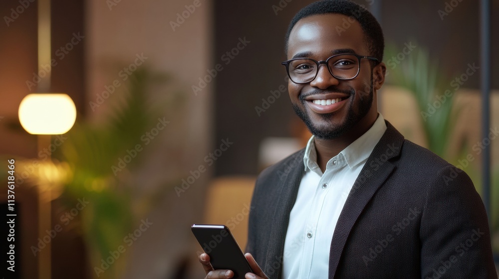 A candid moment of a confident entrepreneur holding a smartphone, their friendly expression complemented by a sophisticated business environment A candid moment of a confident entrepreneur holding a smartphone, their friendly expression complemented by a sophisticated business environment