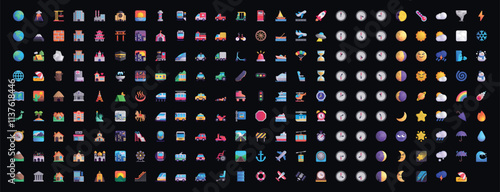 Set of yellow emoji Travel & Places in vector graphic format on a black background.