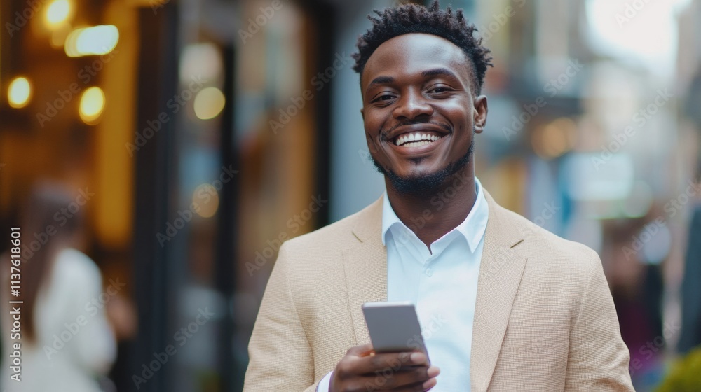 Fototapeta premium A candid moment of a confident entrepreneur holding a smartphone, their friendly expression complemented by a sophisticated business environment
