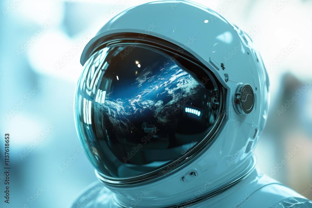 Reflection of Earth in a futuristic white astronaut helmet with a blue glowing background Reflection of Earth in a futuristic white astronaut helmet with a blue glowing background