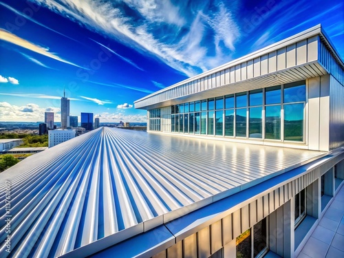 Panoramic View of a Building with a Metal Roof and White Trim Showcasing Urban Architecture and Modern Design in a Clear Sky Setting