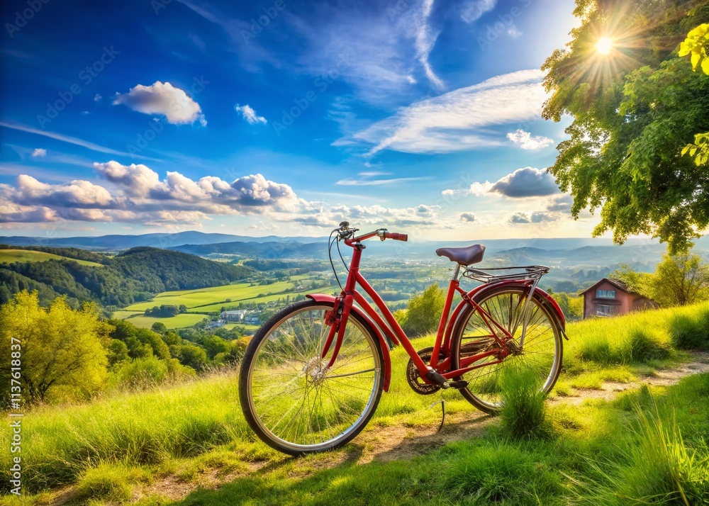 Fototapeta premium Panoramic View of a Red Vintage Style Classic Bicycle Against a Scenic Background with Lush Greenery and a Clear Blue Sky, Capturing the Essence of Nostalgic Travel and Adventure