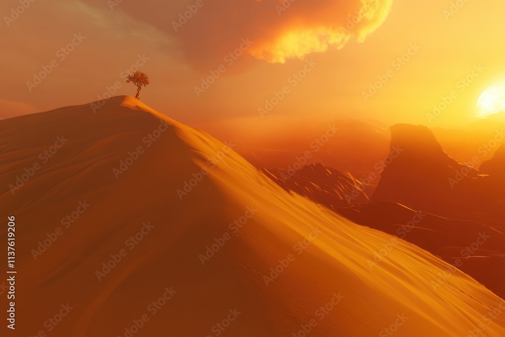 Golden Sands and Solitary Tree in Vast Alien Desert at Sunset Golden Sands and Solitary Tree in Vast Alien Desert at Sunset