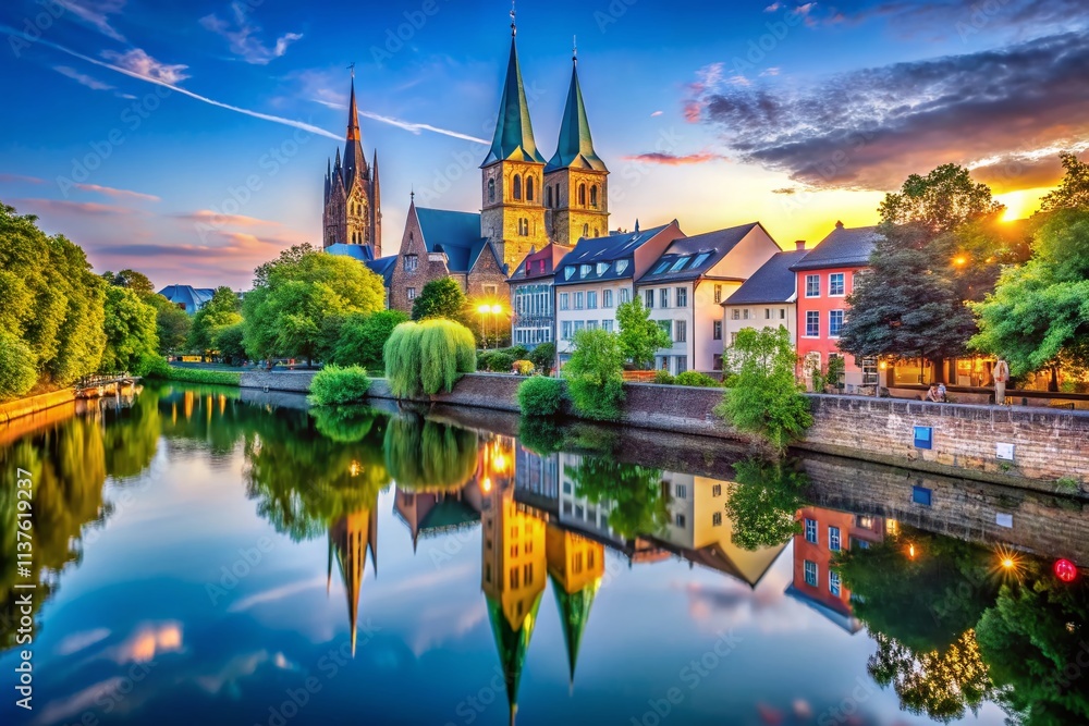 Panoramic View of Quirinus Dom and Hafenbecken along Hanseradweg Niederrein in Neuss, Germany - Scenic Landscape Photography for Travel and Exploration Enthusiasts Panoramic View of Quirinus Dom and Hafenbecken along Hanseradweg Niederrein in Neuss, Germany - Scenic Landscape Photography for Travel and Exploration Enthusiasts