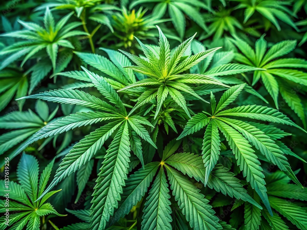 Panoramic View of Lush Dense Cannabis Leaves in a Vibrant Natural Setting, Highlighting the Rich Greenery and Intricate Leaf Patterns Under Soft Natural Light Panoramic View of Lush Dense Cannabis Leaves in a Vibrant Natural Setting, Highlighting the Rich Greenery and Intricate Leaf Patterns Under Soft Natural Light