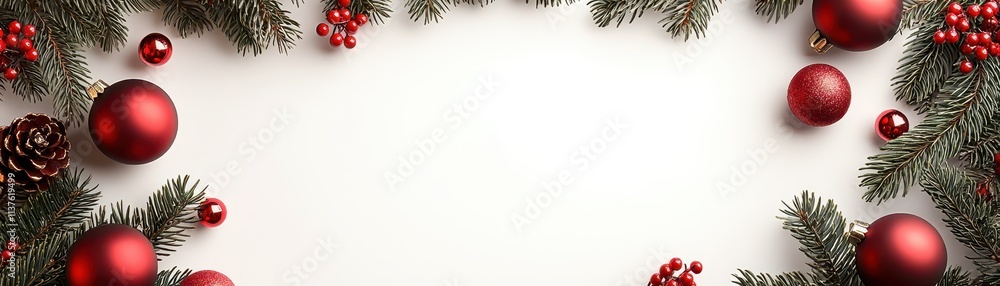 A festive border featuring red ornaments and pine branches, creating a cheerful Christmas atmosphere perfect for holiday greetings or decorations. A festive border featuring red ornaments and pine branches, creating a cheerful Christmas atmosphere perfect for holiday greetings or decorations.