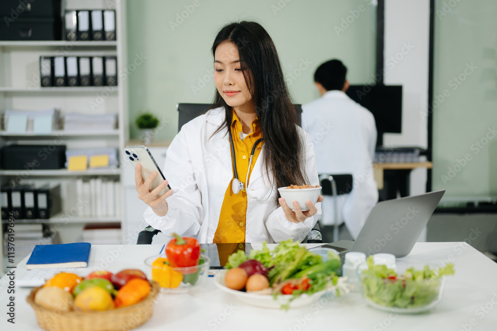 Professional nutritionist reviewing fresh vegetables and supplements for diet planning, health care, Professional nutritionist reviewing fresh vegetables and supplements for diet planning, health care,
