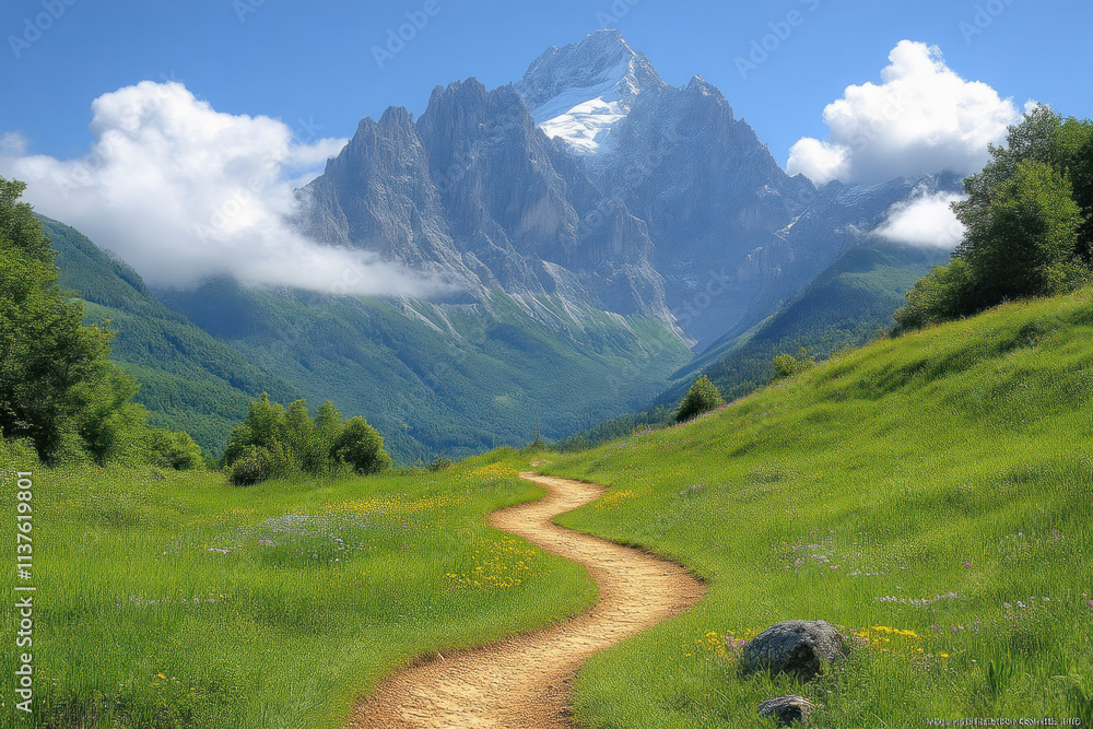 Mountain Path Winds Through Lush Meadow to Majestic Peaks Mountain Path Winds Through Lush Meadow to Majestic Peaks