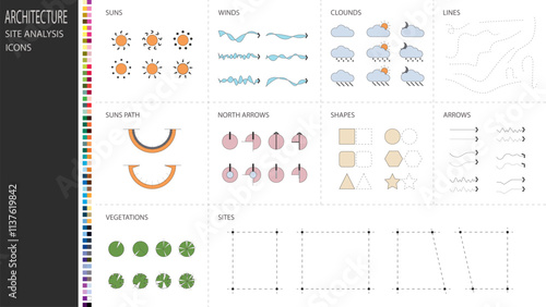 architecture site analysis symbol icon element drawing graphic flat isolated vector. architecture element line sun wind sound sun path vegetation.