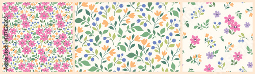 Seamless floral pattern, liberty ditsy print of wild plants in pretty summer motif. Cute botanical design, small hand drawn flowers, tiny green leaves in simple decorative style. Vector illustration.