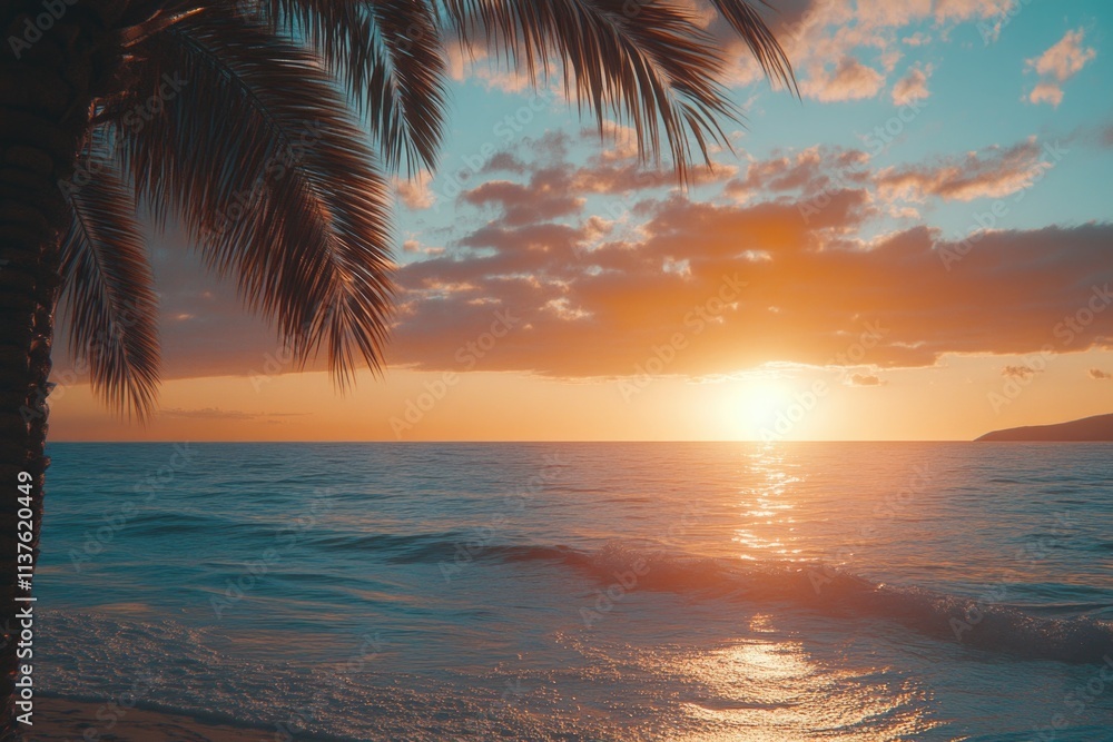 Fototapeta premium Sunset Over Ocean With Palm Trees