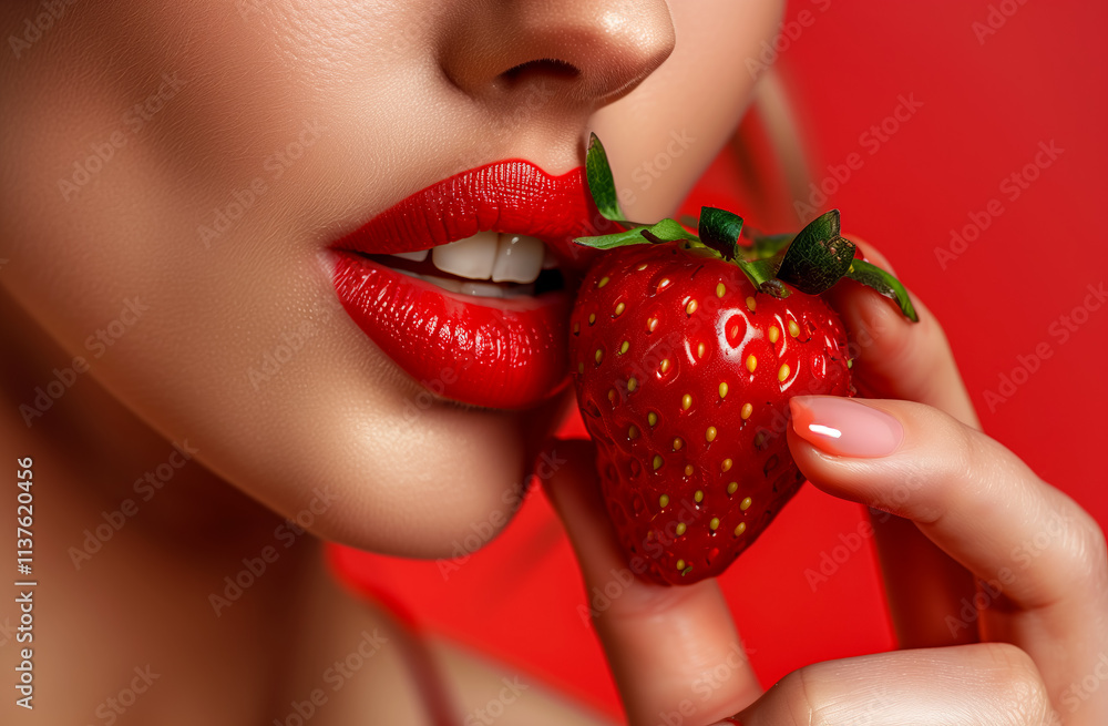 Closeup of juicy young woman lips with a strawberry. The vibrant colors and sensuality make it perfect for Valentines Day or advertising banners. Closeup of juicy young woman lips with a strawberry. The vibrant colors and sensuality make it perfect for Valentines Day or advertising banners.
