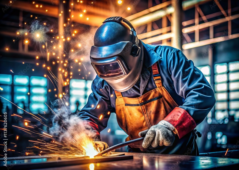 A Dynamic Scene of a Welder in Protective Gear Engaged in Metal Welding with Sparks Flying in a Workshop Environment, Capturing the Essence of Industrial Craftsmanship and Safety A Dynamic Scene of a Welder in Protective Gear Engaged in Metal Welding with Sparks Flying in a Workshop Environment, Capturing the Essence of Industrial Craftsmanship and Safety